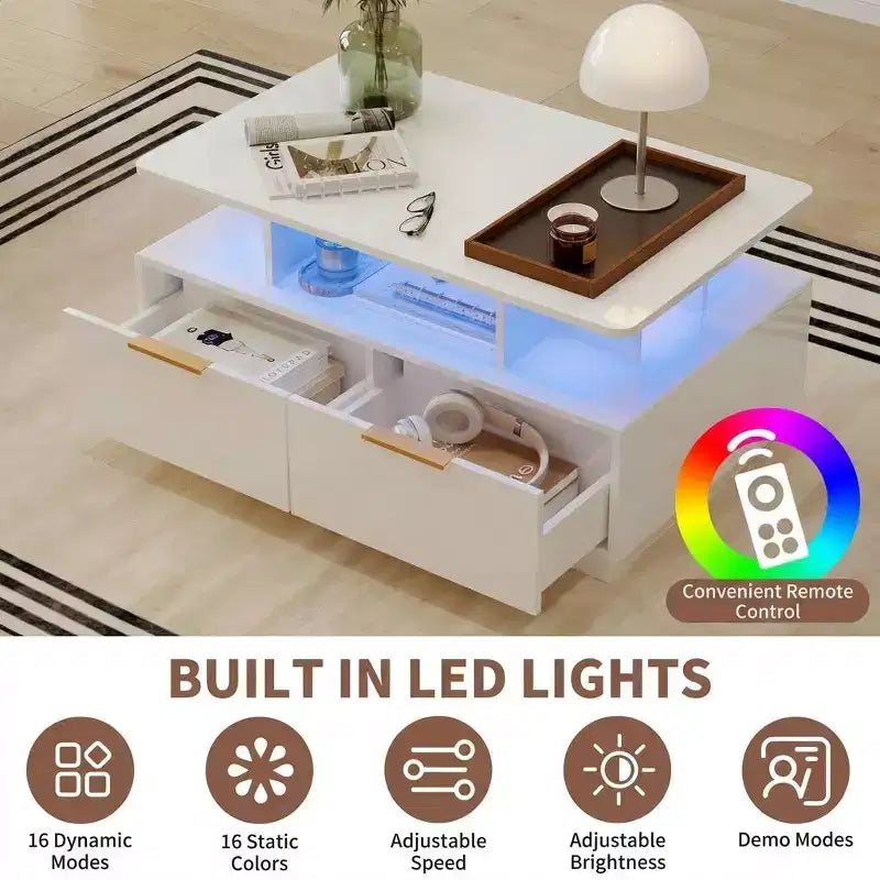 Table basse LED 35" avec 4 tiroirs de rangement et étagère ouverte - Table rectangulaire moderne blanche avec lumières changeantes de couleur