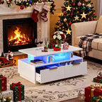 Table basse LED 35" avec 4 tiroirs de rangement et étagère ouverte - Table rectangulaire moderne blanche avec lumières changeantes de couleur