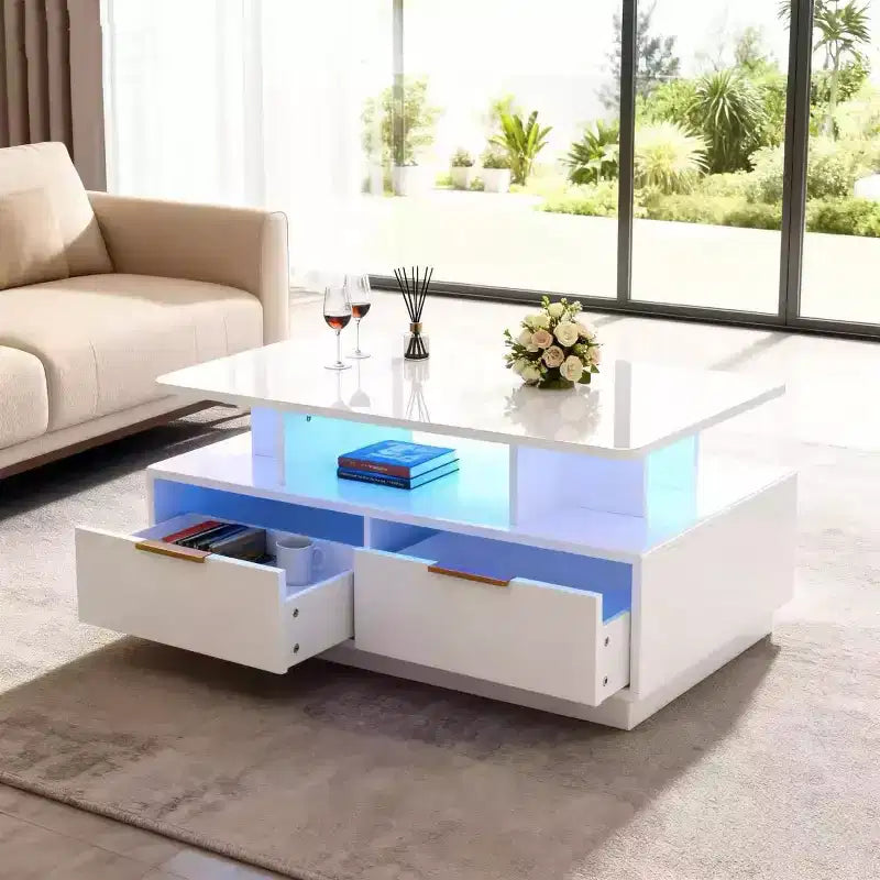 Table basse LED 35" avec 4 tiroirs de rangement et étagère ouverte - Table rectangulaire moderne blanche avec lumières changeantes de couleur