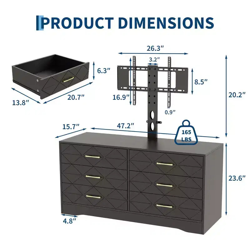 Meuble TV 6 tiroirs avec support pour TV de 32 à 80 pouces, meuble de divertissement en bois avec hauteur réglable, console multimédia de rangement