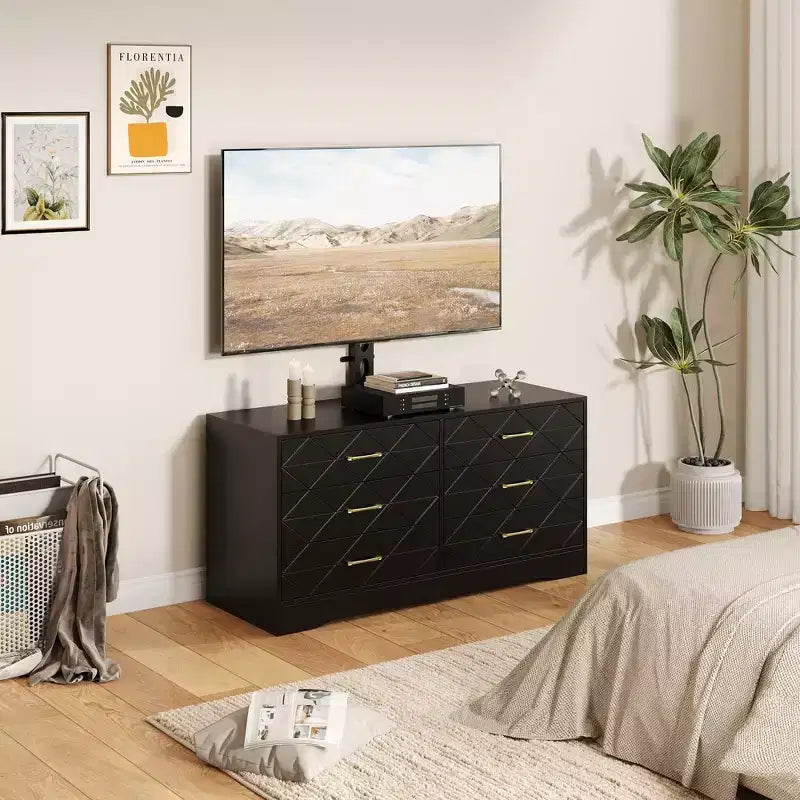 Meuble TV 6 tiroirs avec support pour TV de 32 à 80 pouces, meuble de divertissement en bois avec hauteur réglable, console multimédia de rangement