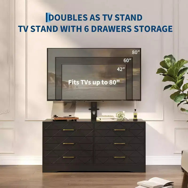 Meuble TV 6 tiroirs avec support pour TV de 32 à 80 pouces, meuble de divertissement en bois avec hauteur réglable, console multimédia de rangement