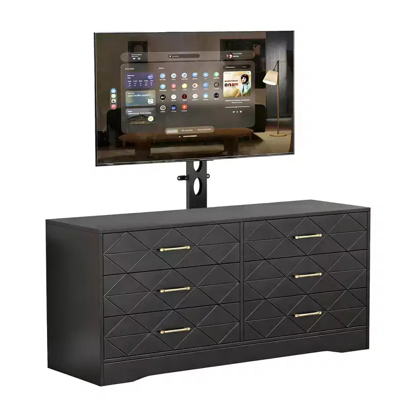 Meuble TV 6 tiroirs avec support pour TV de 32 à 80 pouces, meuble de divertissement en bois avec hauteur réglable, console multimédia de rangement