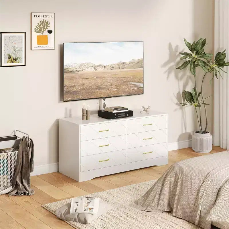Meuble TV 6 tiroirs avec support pour TV de 32 à 80 pouces, meuble de divertissement en bois avec hauteur réglable, console multimédia de rangement