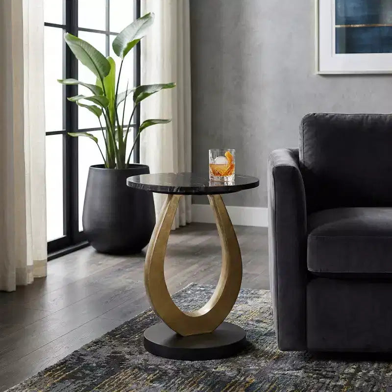 Table basse et d'appoint ronde pour petits espaces - Design à base incurvée avec plateau en bois pour la décoration du salon, de la chambre et de la maison - 22, doré et noir