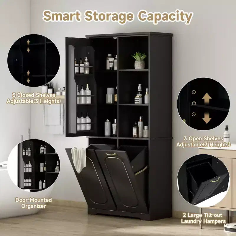 Christopher Knight Home Thorn Armoire de salle de bain de 172 cm avec 2 paniers à linge inclinables, 1 porte et étagères réglables