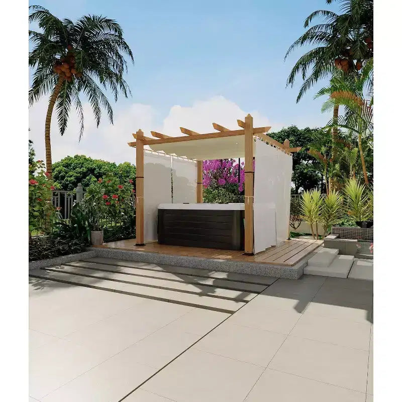 Pergola extérieure moderne en aluminium avec auvent rétractable et moustiquaire latérale, aspect bois, moustiquaire, protection UV pour jardin, terrasse