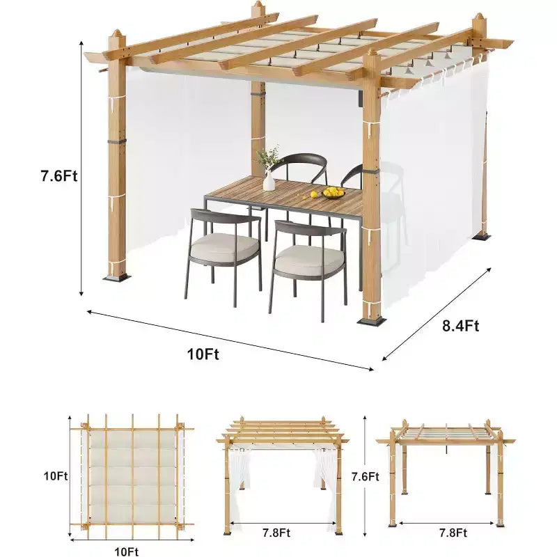 Pergola extérieure moderne en aluminium avec auvent rétractable et moustiquaire latérale, aspect bois, moustiquaire, protection UV pour jardin, terrasse