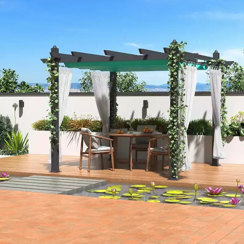 Pergola extérieure moderne en aluminium avec auvent rétractable et moustiquaire latérale, aspect bois, moustiquaire, protection UV pour jardin, terrasse