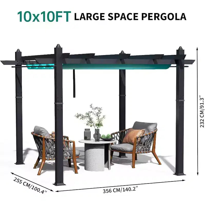 Pergola extérieure moderne en aluminium avec auvent rétractable et moustiquaire latérale, aspect bois, moustiquaire, protection UV pour jardin, terrasse