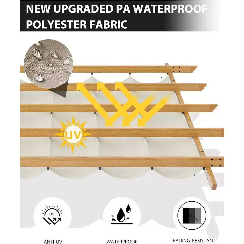 Pergola extérieure moderne en aluminium avec auvent rétractable et moustiquaire latérale, aspect bois, moustiquaire, protection UV pour jardin, terrasse