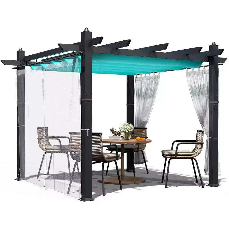 Modern Aluminum Outdoor Pergola with Retractable Canopy & Side Mesh  Faux Wood Grain Patio Gazebo,Mosquito Netting,UV Protection for Backyard,Deck