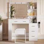 Coiffeuse de 41 pouces avec miroir 10 ampoules, prises intégrées, 3 modes d'éclairage, 5 tiroirs et tabouret rembourré, table de maquillage pour chambre à coucher