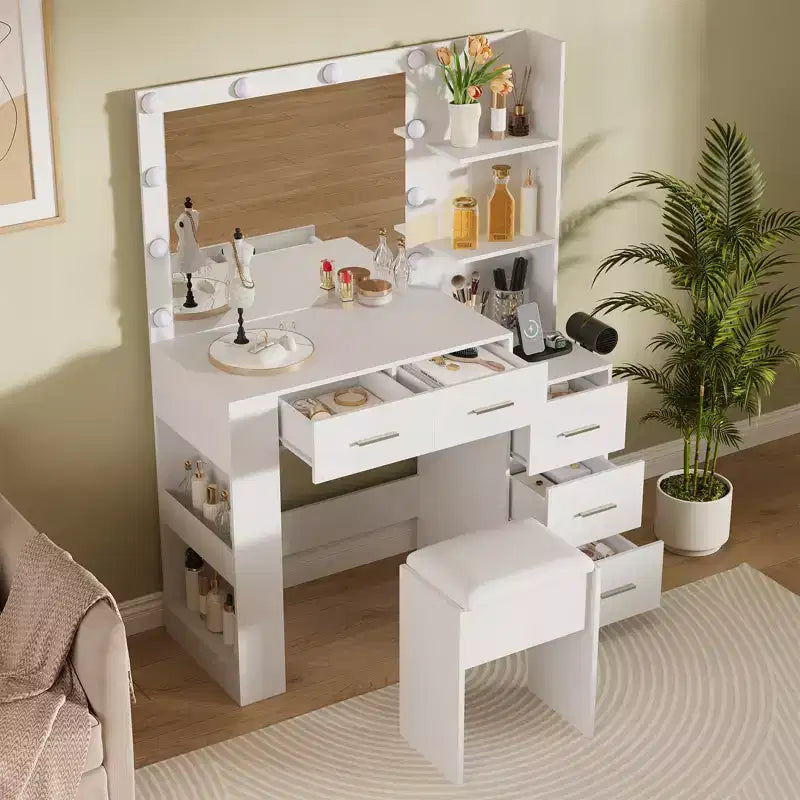 Coiffeuse de 41 pouces avec miroir 10 ampoules, prises intégrées, 3 modes d'éclairage, 5 tiroirs et tabouret rembourré, table de maquillage pour chambre à coucher