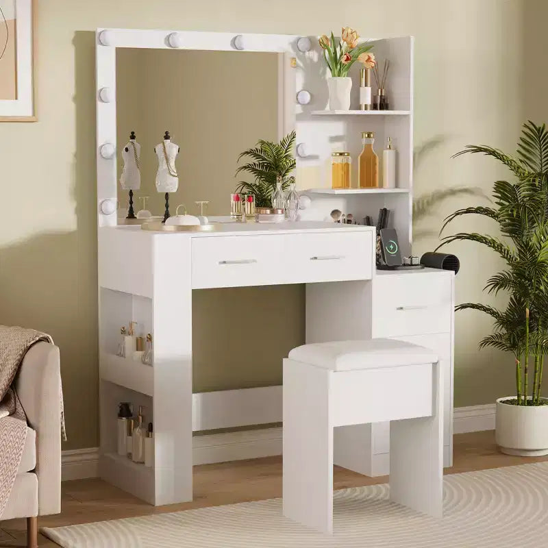 Coiffeuse de 41 pouces avec miroir 10 ampoules, prises intégrées, 3 modes d'éclairage, 5 tiroirs et tabouret rembourré, table de maquillage pour chambre à coucher