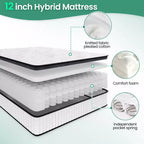 Matelas hybride 12 po avec ressorts ensachés et mousse confort, housse en tricot respirant, soutien mi-ferme Grand lit