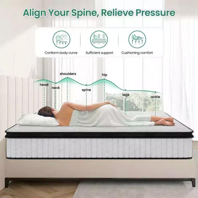 Matelas hybride 12 po avec ressorts ensachés et mousse confort, housse en tricot respirant, soutien mi-ferme Grand lit