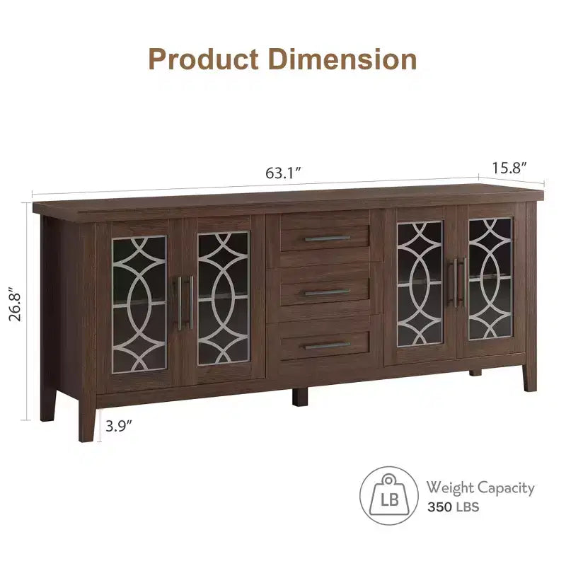 Meuble TV rustique de 70 pouces, meuble de divertissement style ferme avec porte en verre, armoires de rangement, tiroirs, console multimédia moderne pour salon
