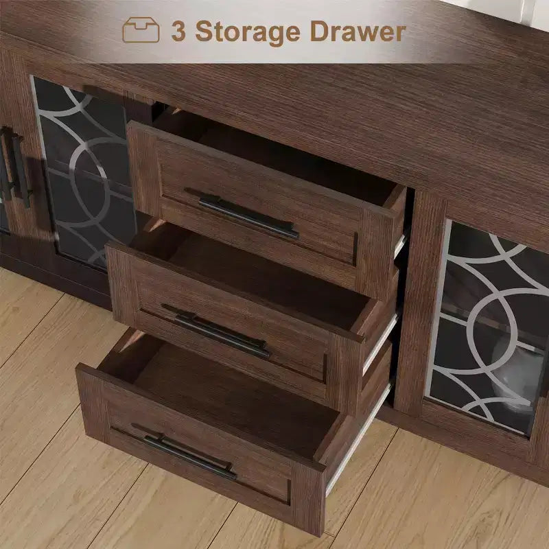 Meuble TV rustique de 70 pouces, meuble de divertissement style ferme avec porte en verre, armoires de rangement, tiroirs, console multimédia moderne pour salon