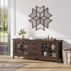 Meuble TV rustique de 70 pouces, meuble de divertissement style ferme avec porte en verre, armoires de rangement, tiroirs, console multimédia moderne pour salon