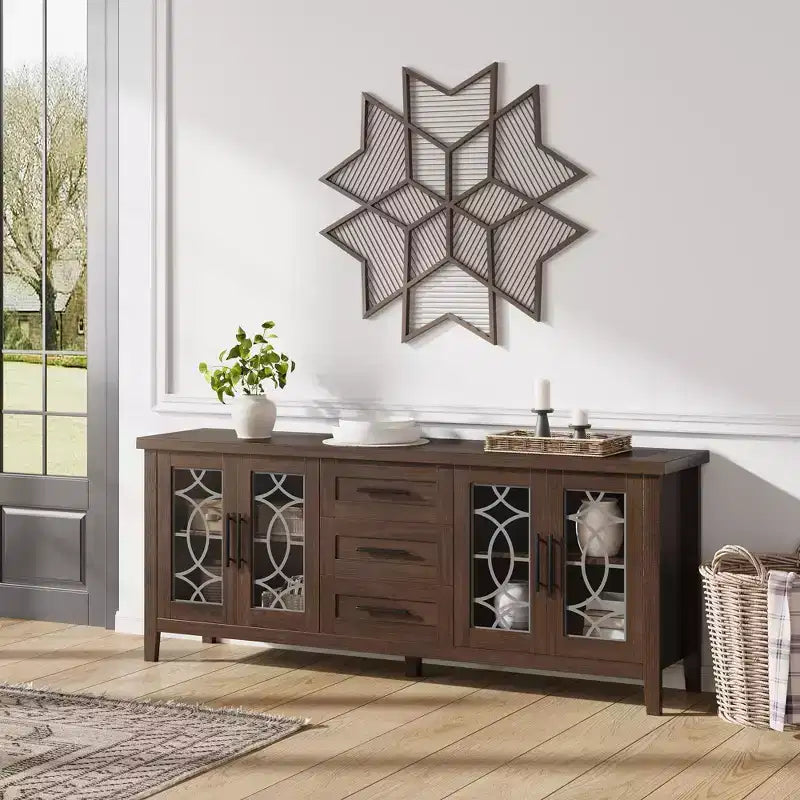 Meuble TV rustique de 70 pouces, meuble de divertissement style ferme avec porte en verre, armoires de rangement, tiroirs, console multimédia moderne pour salon