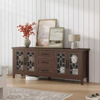 Meuble TV rustique de 70 pouces, meuble de divertissement style ferme avec porte en verre, armoires de rangement, tiroirs, console multimédia moderne pour salon