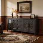 Meuble TV rustique de 70 pouces, meuble de divertissement style ferme avec porte en verre, armoires de rangement, tiroirs, console multimédia moderne pour salon