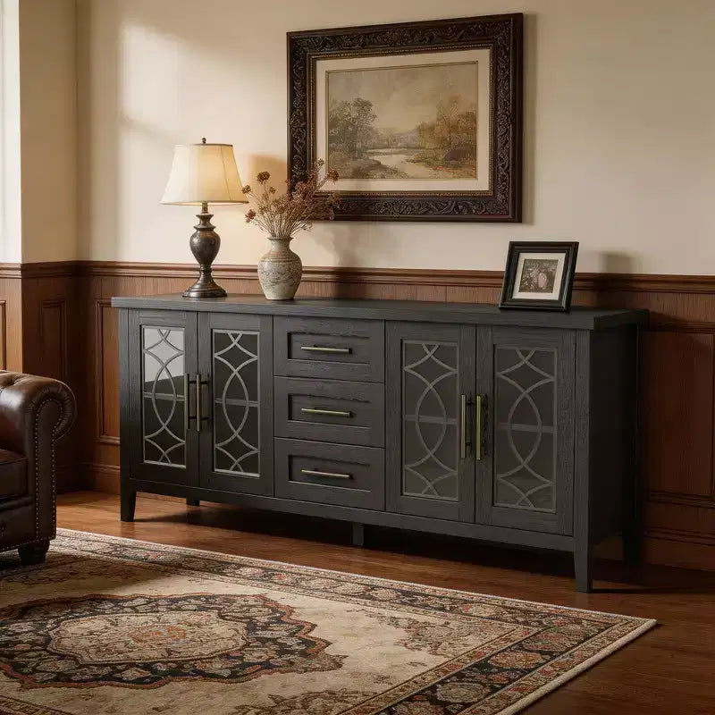 Meuble TV rustique de 70 pouces, meuble de divertissement style ferme avec porte en verre, armoires de rangement, tiroirs, console multimédia moderne pour salon