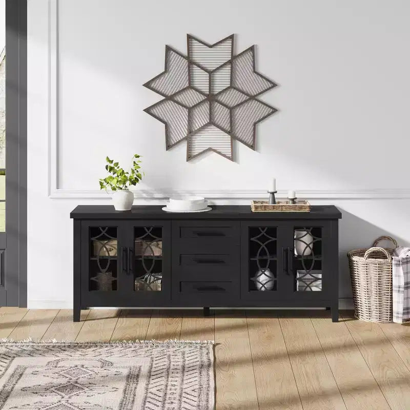 Meuble TV rustique de 70 pouces, meuble de divertissement style ferme avec porte en verre, armoires de rangement, tiroirs, console multimédia moderne pour salon