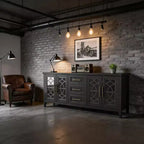 Meuble TV rustique de 70 pouces, meuble de divertissement style ferme avec porte en verre, armoires de rangement, tiroirs, console multimédia moderne pour salon
