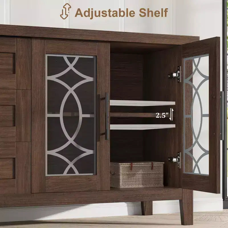 Meuble TV rustique de 70 pouces, meuble de divertissement style ferme avec porte en verre, armoires de rangement, tiroirs, console multimédia moderne pour salon
