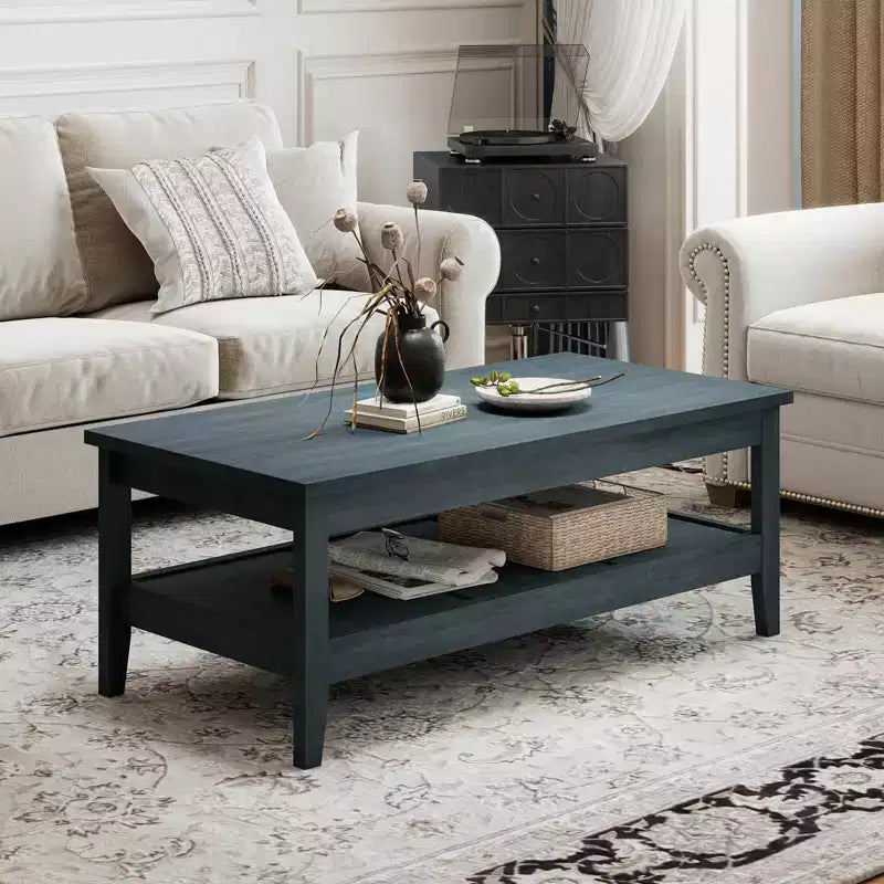 Table basse rectangulaire à 2 niveaux Costway avec étagère de rangement à lattes et plateau épais Bleu charbon/Marron