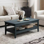 Table basse rectangulaire à 2 niveaux Costway avec étagère de rangement à lattes et plateau épais Bleu charbon/Marron