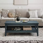 Table basse rectangulaire à 2 niveaux Costway avec étagère de rangement à lattes et plateau épais Bleu charbon/Marron