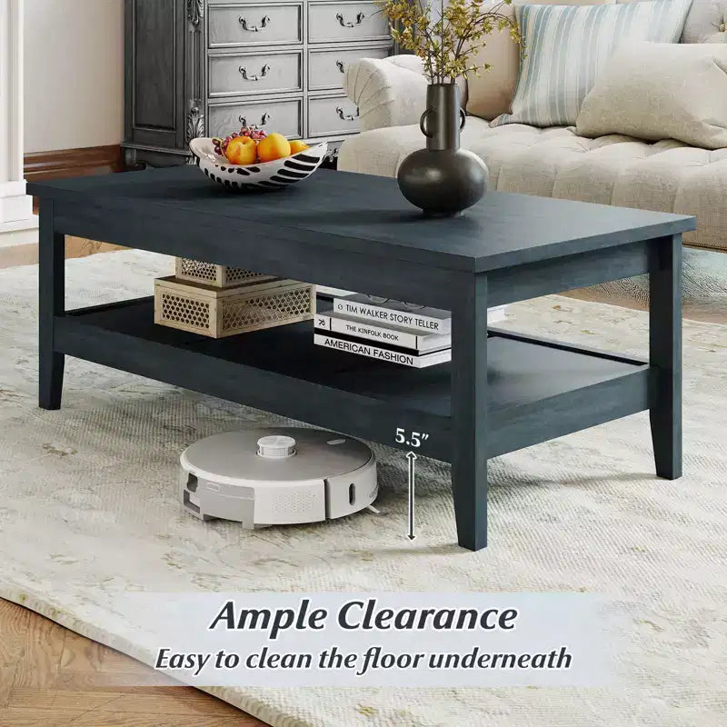 Table basse rectangulaire à 2 niveaux Costway avec étagère de rangement à lattes et plateau épais Bleu charbon/Marron