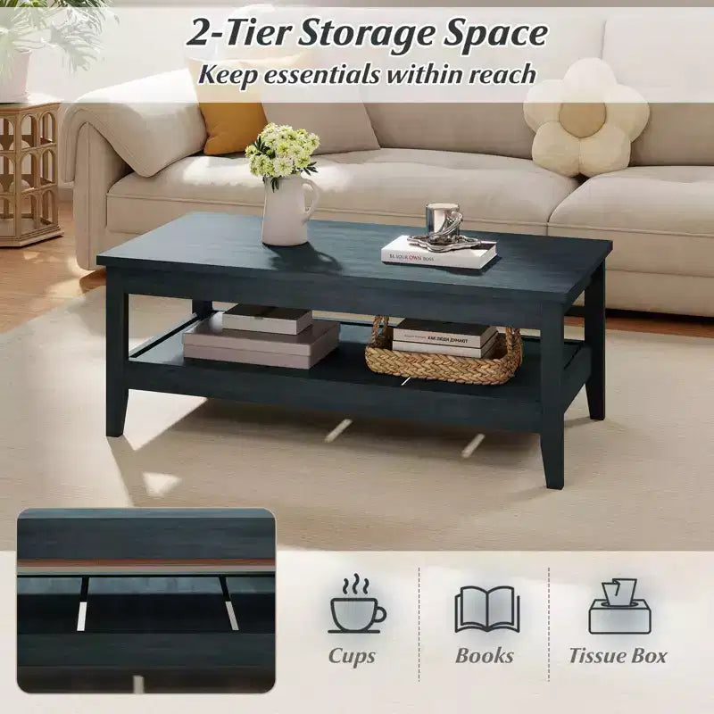 Table basse rectangulaire à 2 niveaux Costway avec étagère de rangement à lattes et plateau épais Bleu charbon/Marron