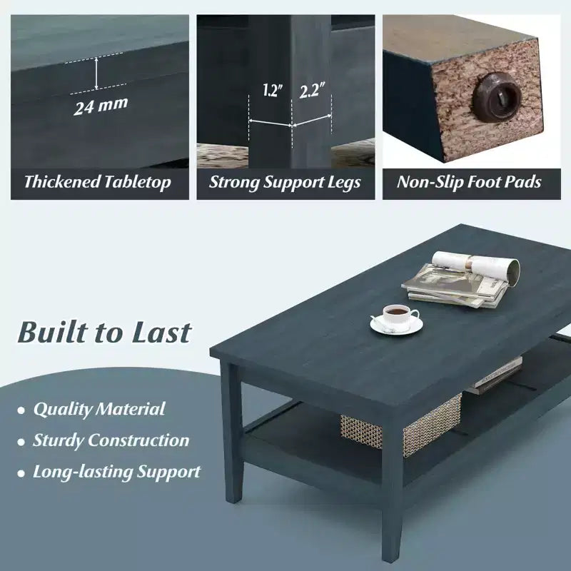 Table basse rectangulaire à 2 niveaux Costway avec étagère de rangement à lattes et plateau épais Bleu charbon/Marron