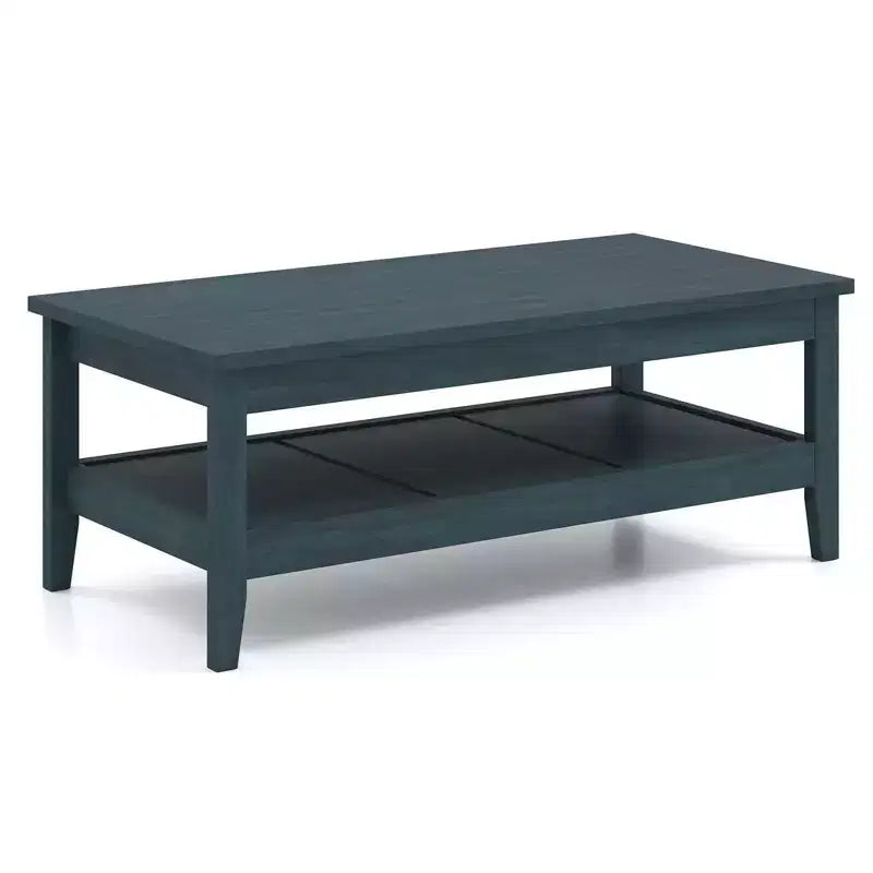 Table basse rectangulaire à 2 niveaux Costway avec étagère de rangement à lattes et plateau épais Bleu charbon/Marron