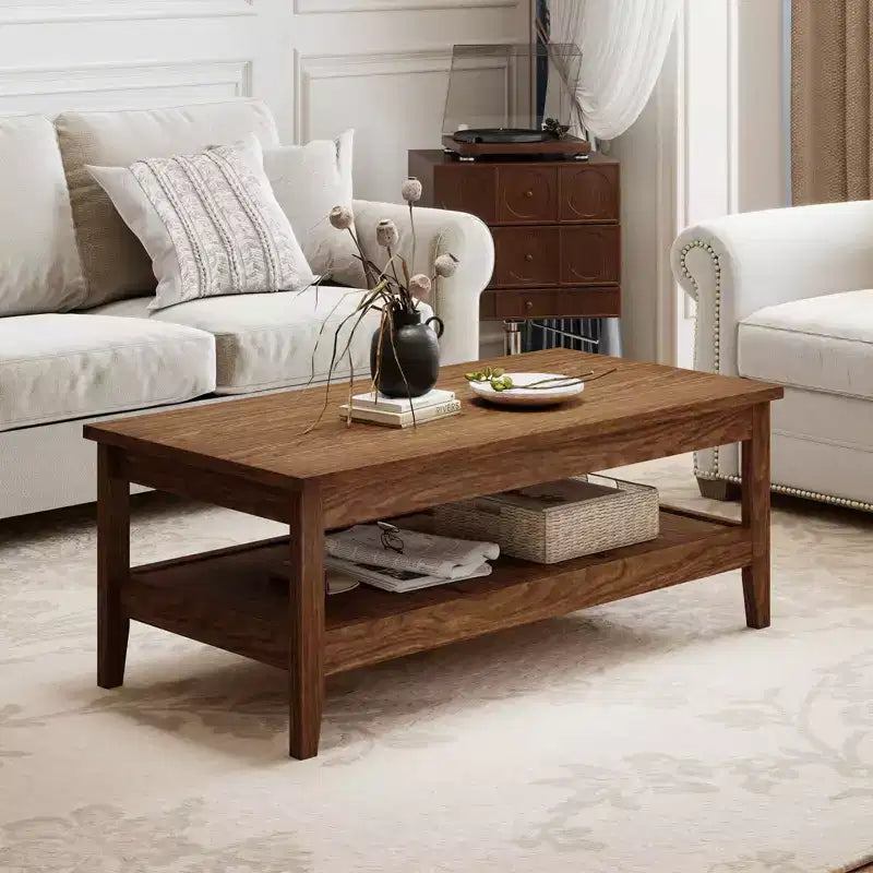 Table basse rectangulaire à 2 niveaux Costway avec étagère de rangement à lattes et plateau épais Bleu charbon/Marron