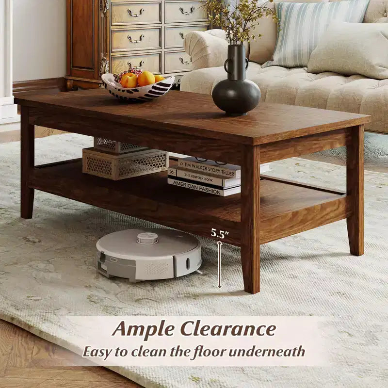 Table basse rectangulaire à 2 niveaux Costway avec étagère de rangement à lattes et plateau épais Bleu charbon/Marron