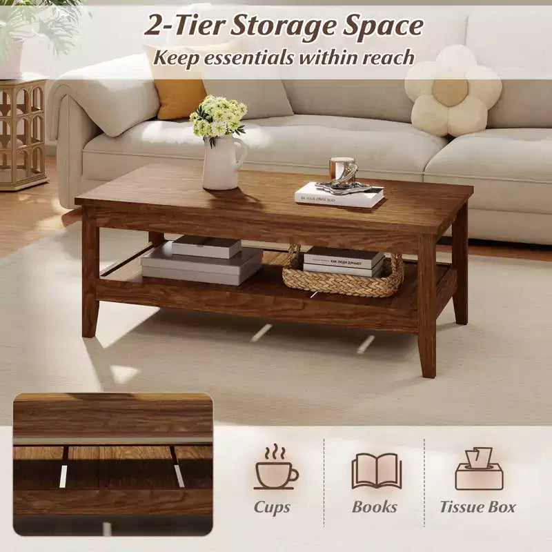 Table basse rectangulaire à 2 niveaux Costway avec étagère de rangement à lattes et plateau épais Bleu charbon/Marron