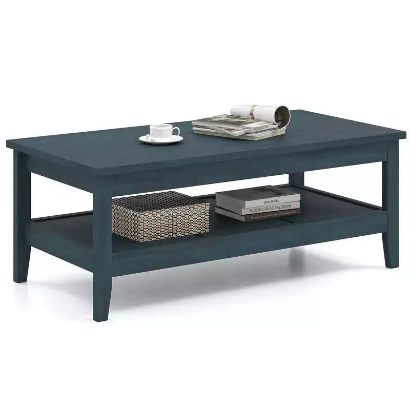 Table basse rectangulaire à 2 niveaux Costway avec étagère de rangement à lattes et plateau épais Bleu charbon/Marron
