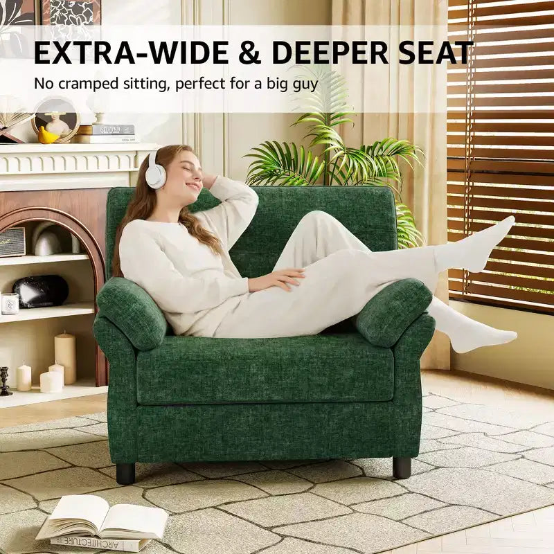 Dyonery 44.5 Fauteuil d'appoint surdimensionné, Fauteuil de lecture confortable en chenille très grand pour salon, chambre, appartement, assemblage sans outils