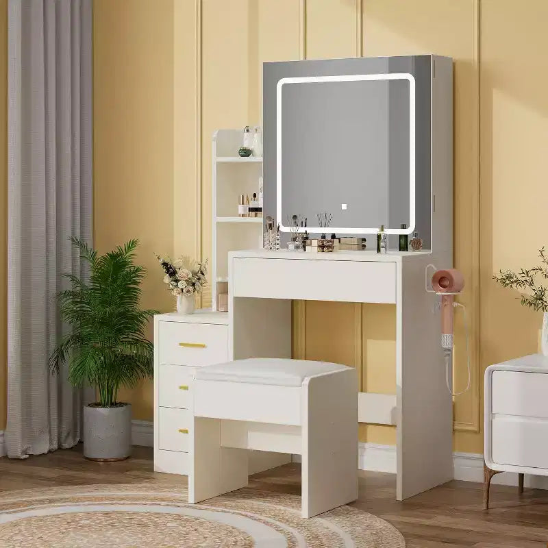 Coiffeuse avec tabouret en PU, table de maquillage avec 4 tiroirs, étagères de rangement ouvertes et miroir coulissant lumineux à LED