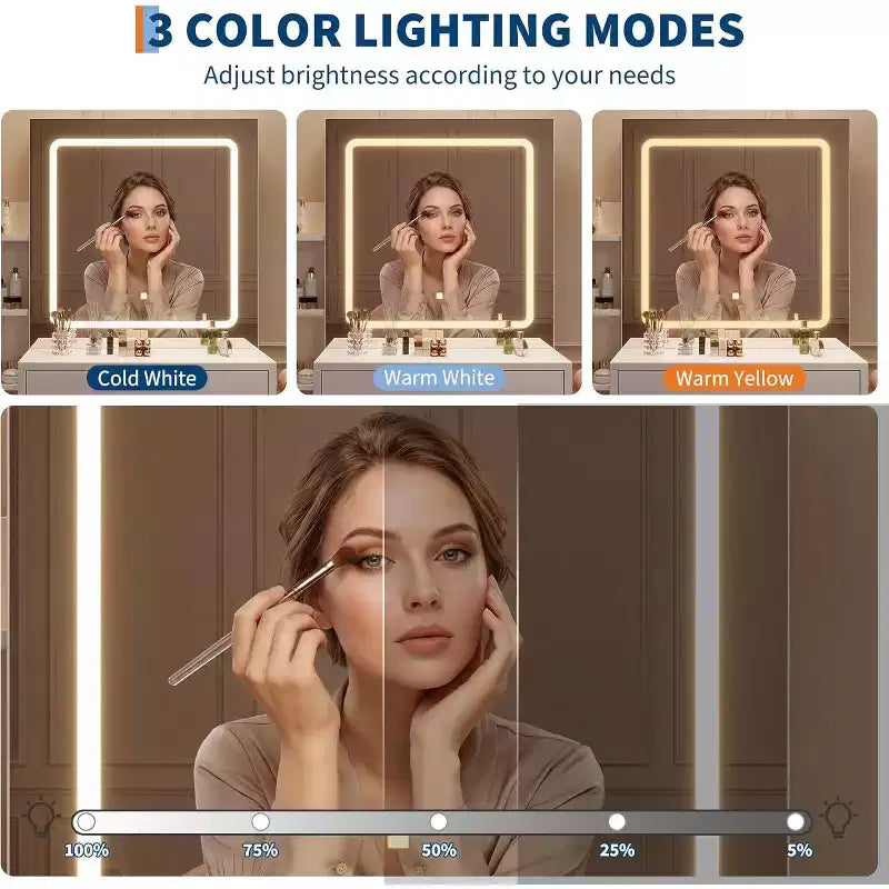 Coiffeuse avec tabouret en PU, table de maquillage avec 4 tiroirs, étagères de rangement ouvertes et miroir coulissant lumineux à LED
