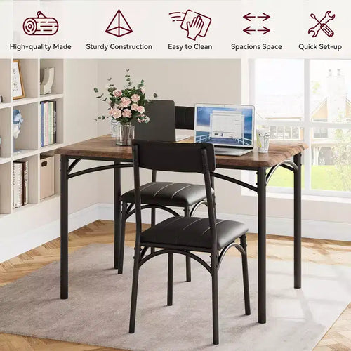 Ensemble de salle à manger rectangulaire 5 pièces pour 4 personnes, table en métal et bois avec 4 chaises rembourrées, cuisine et salle à manger, marron rustique