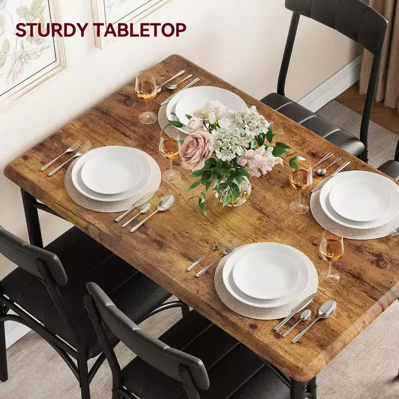 Ensemble de salle à manger rectangulaire 5 pièces pour 4 personnes, table en métal et bois avec 4 chaises rembourrées, cuisine et salle à manger, marron rustique