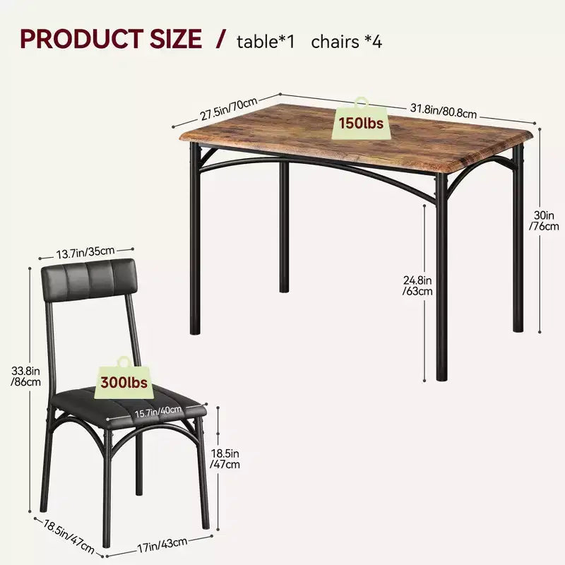 Ensemble de salle à manger rectangulaire 5 pièces pour 4 personnes, table en métal et bois avec 4 chaises rembourrées, cuisine et salle à manger, marron rustique