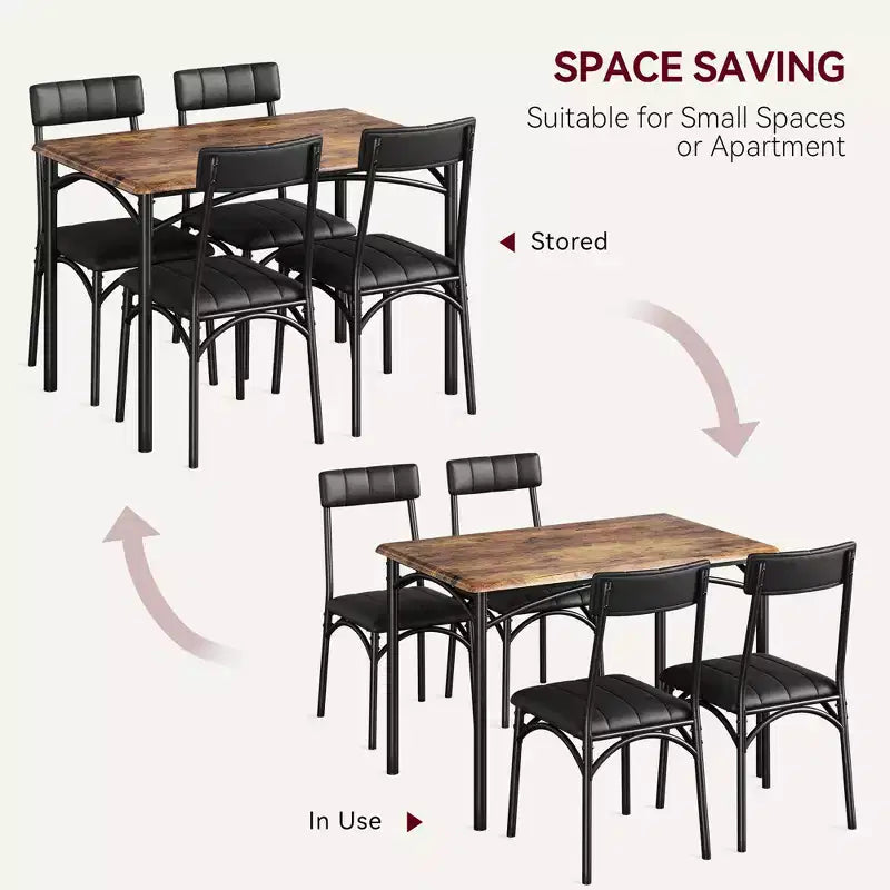 Ensemble de salle à manger rectangulaire 5 pièces pour 4 personnes, table en métal et bois avec 4 chaises rembourrées, cuisine et salle à manger, marron rustique