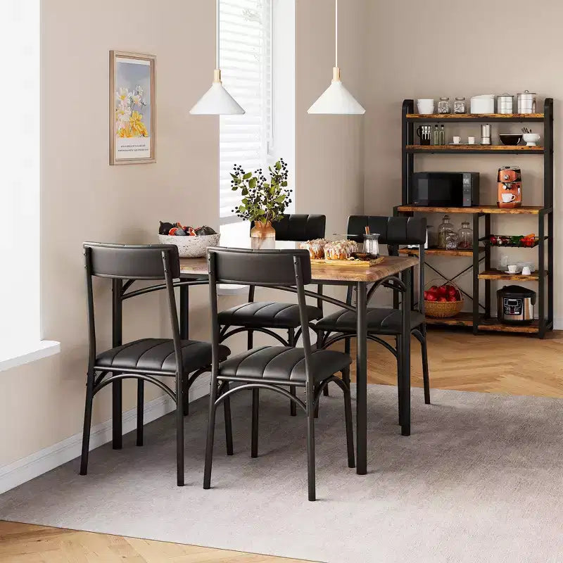 Ensemble de salle à manger rectangulaire 5 pièces pour 4 personnes, table en métal et bois avec 4 chaises rembourrées, cuisine et salle à manger, marron rustique